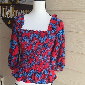Sugar +L!ps Floral Smocked Red and Blue Women's Top